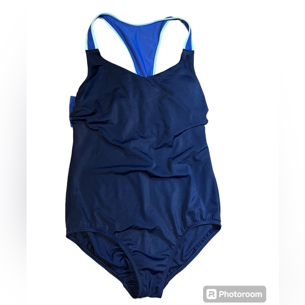 Lands End Swimsuit Womens Navy Blue One Piece Racerback size 14 modest beach